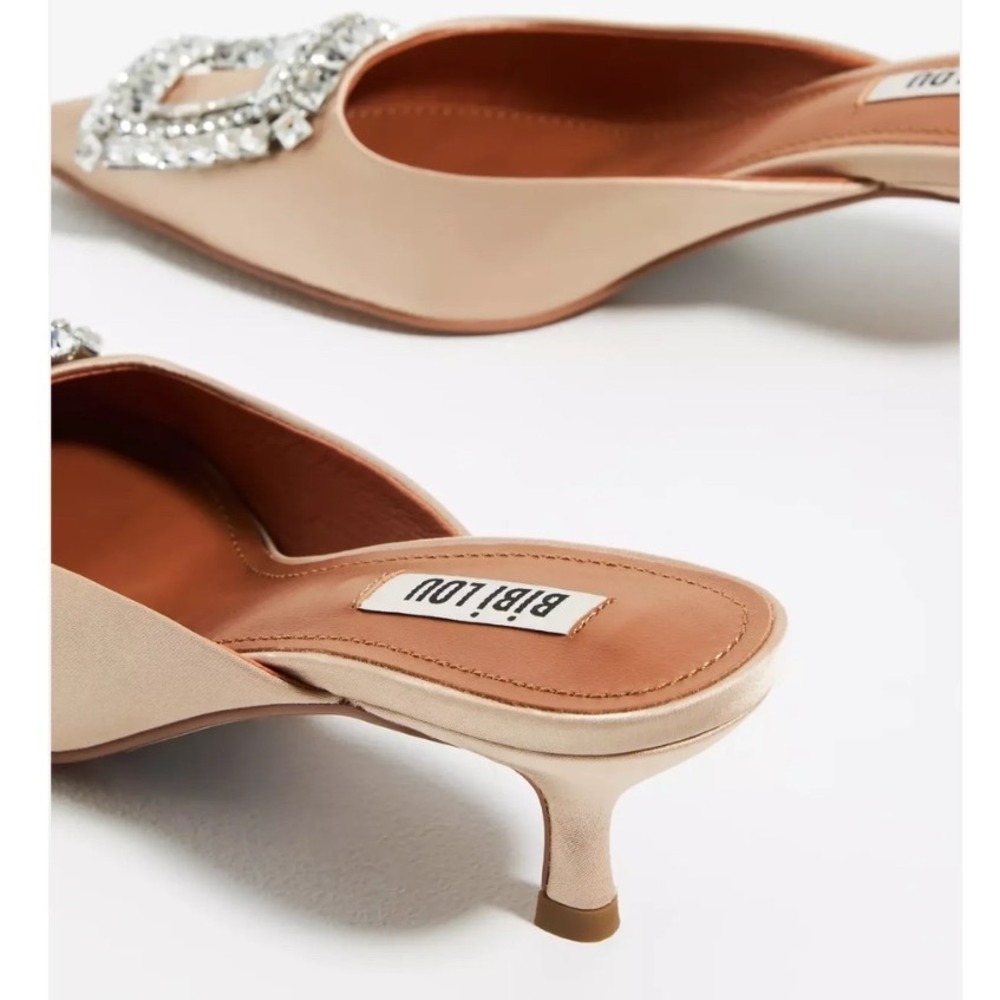 Bibi Lou Heel In Cream Raffia Crystal Buckle Kitten Heel Mules Pointed Toe 7.5 - Picture 15 of 16